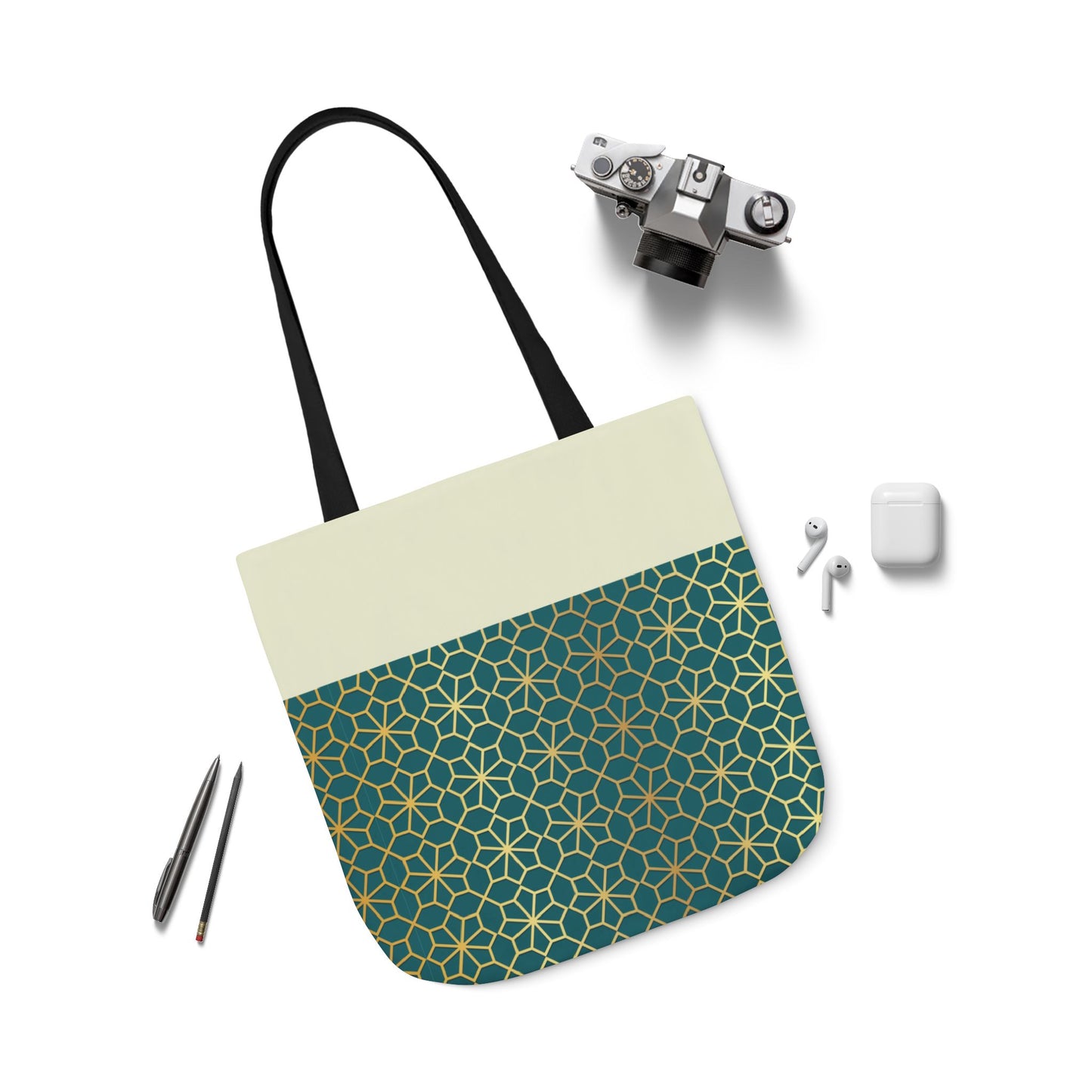 Gold and Green geometric Designs Tote Bag, 2-Color Straps