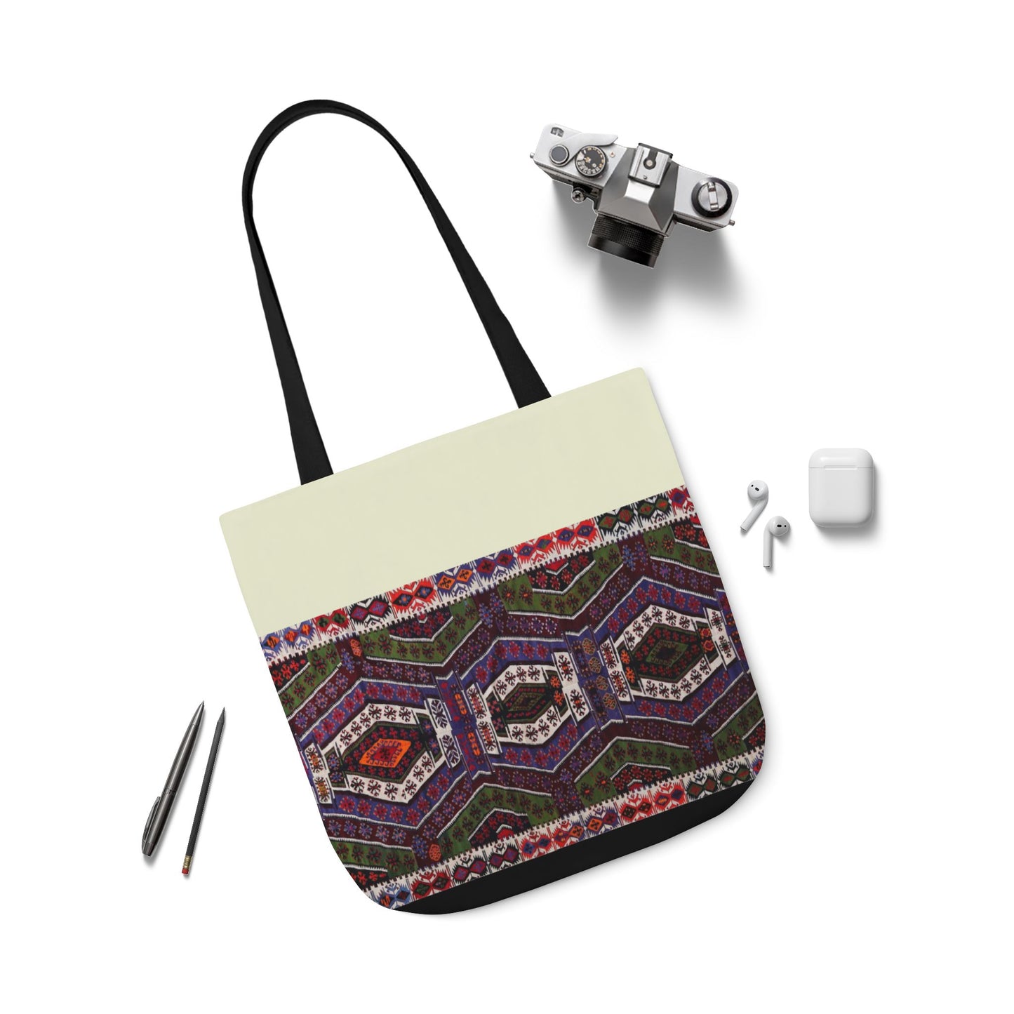 Purple and Res geometric Designs Tote Bag, 2-Color Straps