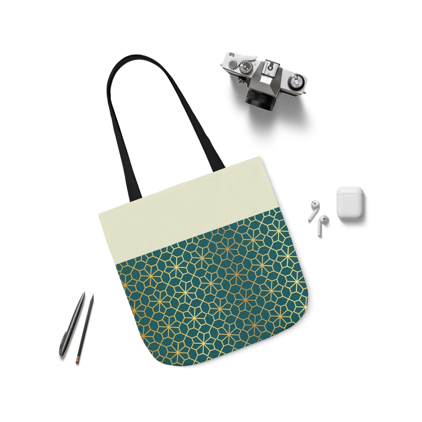 Gold and Green geometric Designs Tote Bag, 2-Color Straps