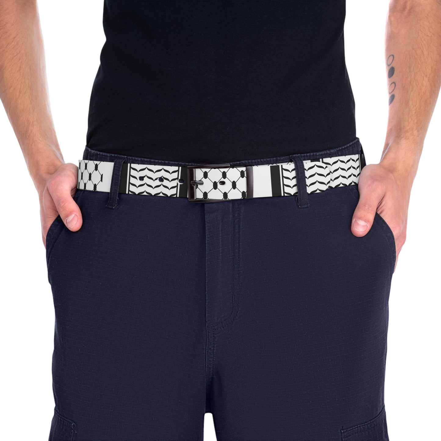 Black and White Kufieh Stylish Graphic Belt with Arabic Calligraphy Design