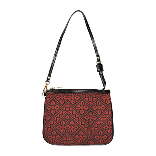 Red and Black Tatreez Shoulder Bag — Small Leather Crossbody Purse