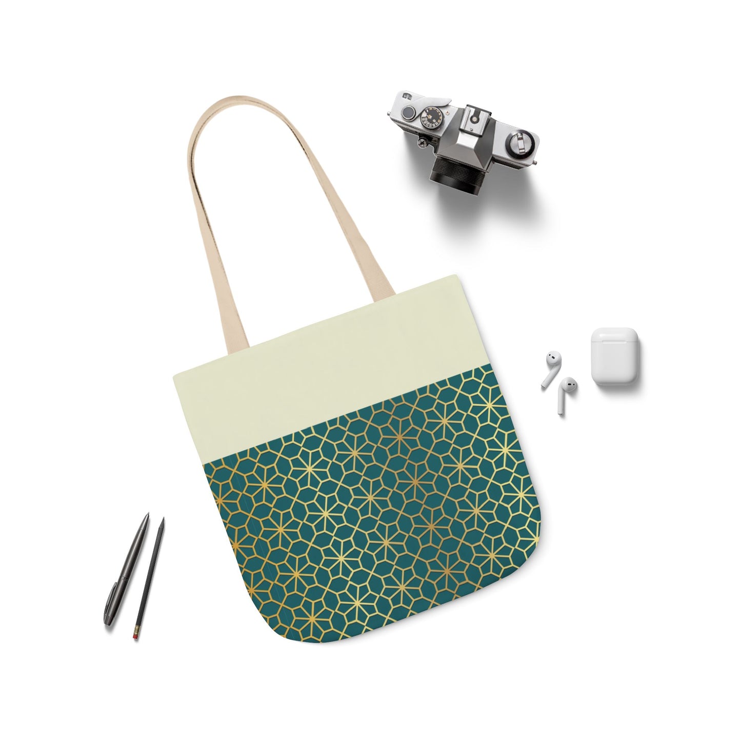 Gold and Green geometric Designs Tote Bag, 2-Color Straps