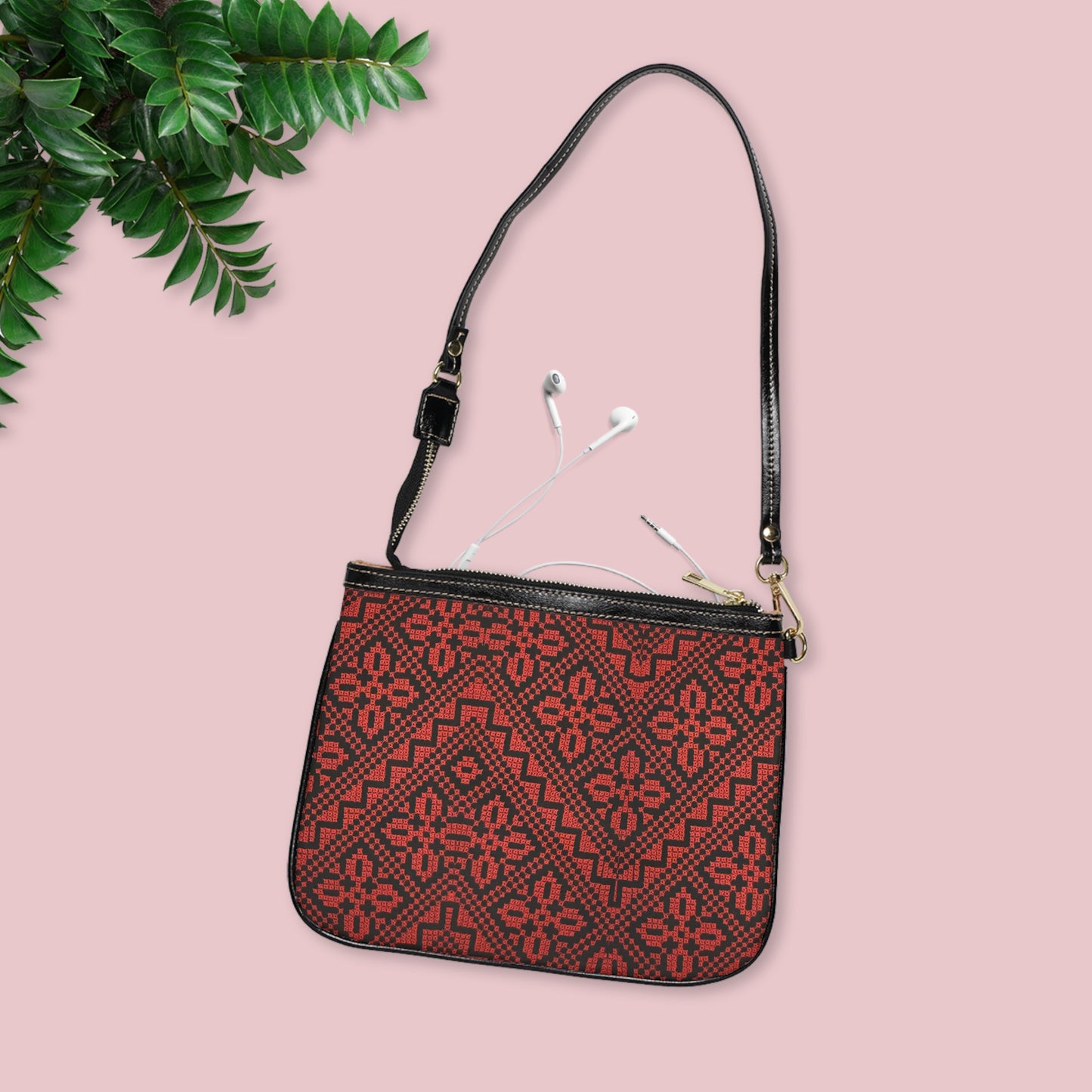 Red and Black Tatreez Shoulder Bag — Small Leather Crossbody Purse