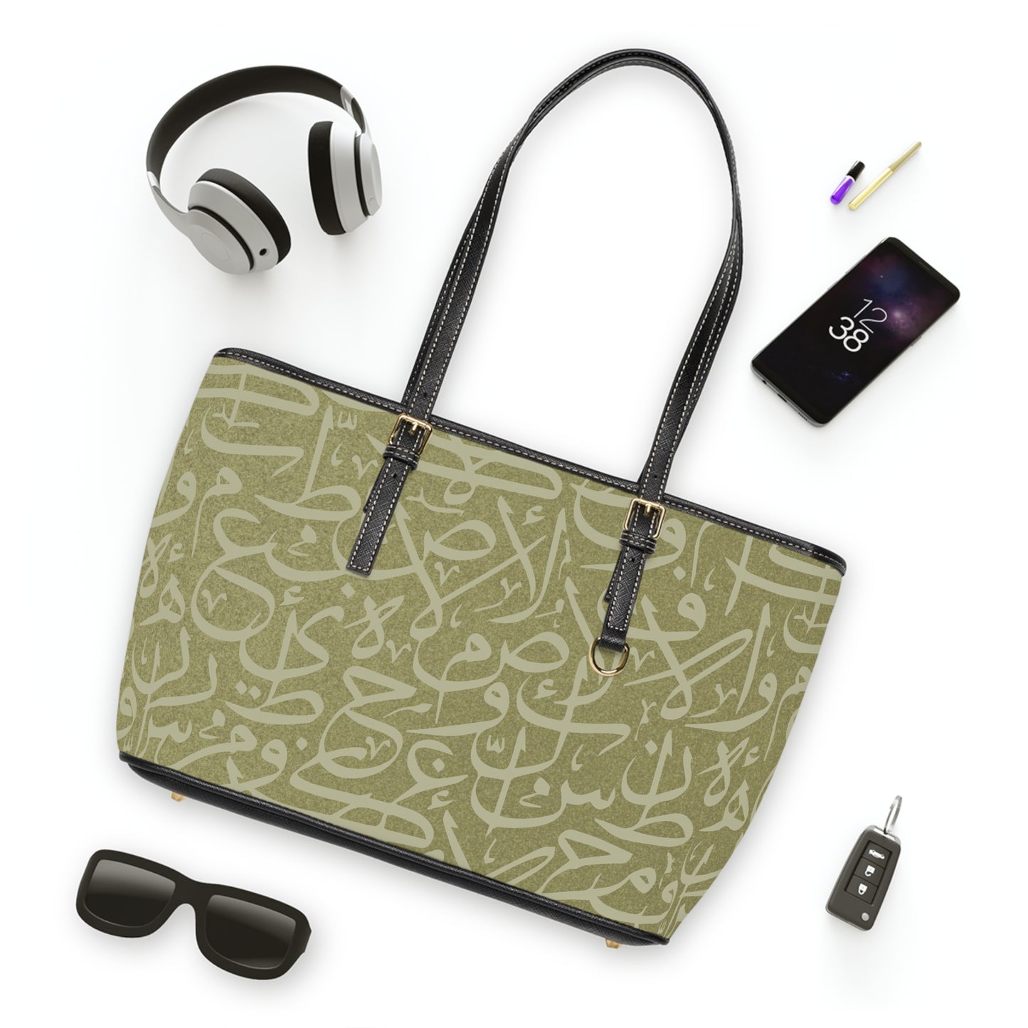 Olive Green ARABIC Calligraphy Letters Pattern Leather Shoulder Bag