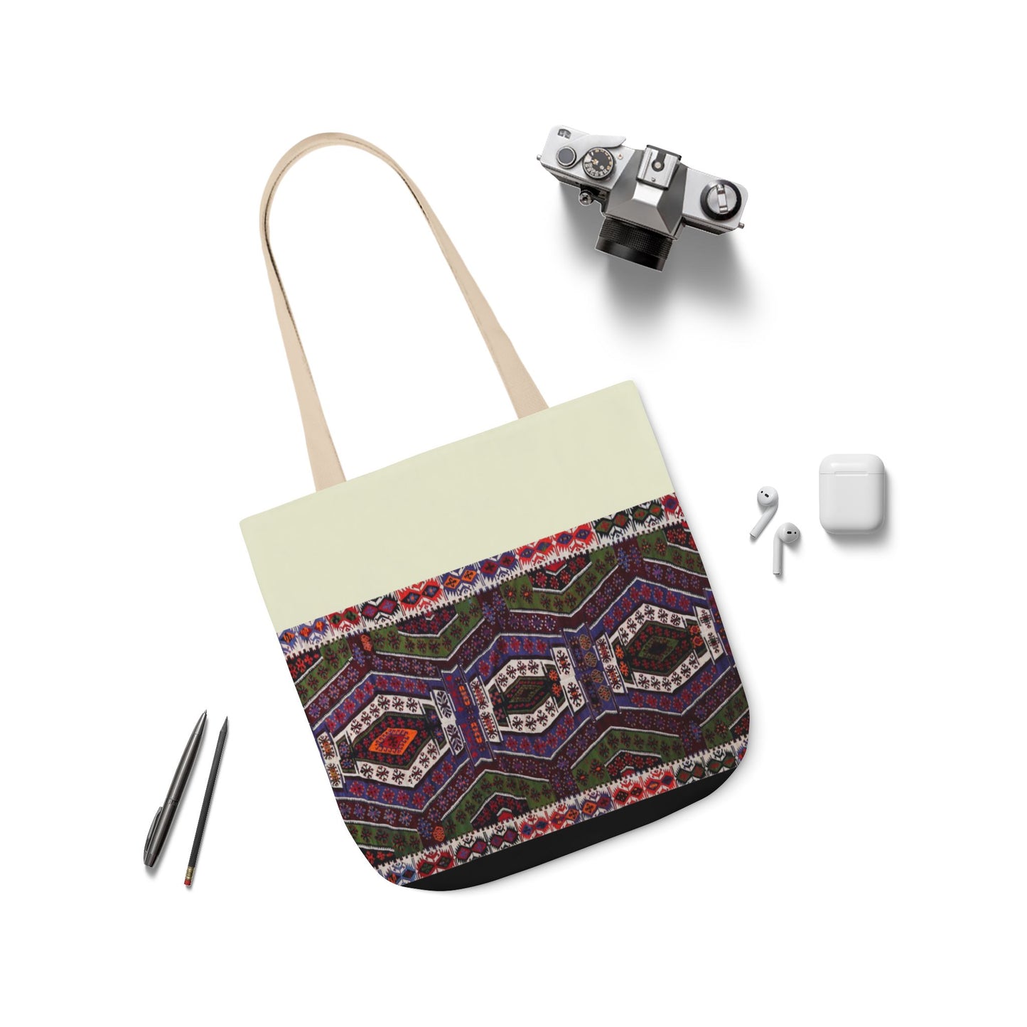 Purple and Res geometric Designs Tote Bag, 2-Color Straps