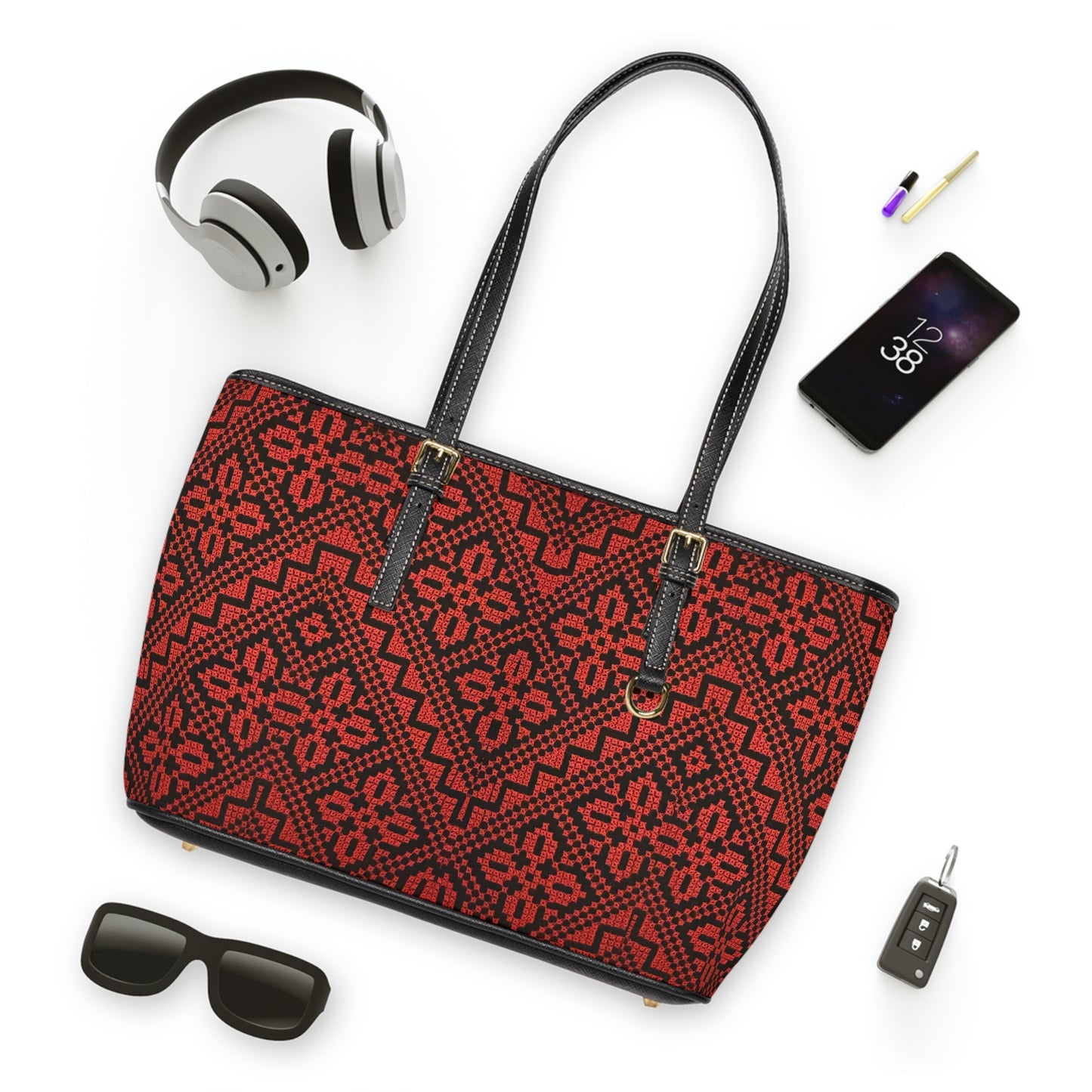 Tatreez Red and Black Pattern Leather Shoulder Bag