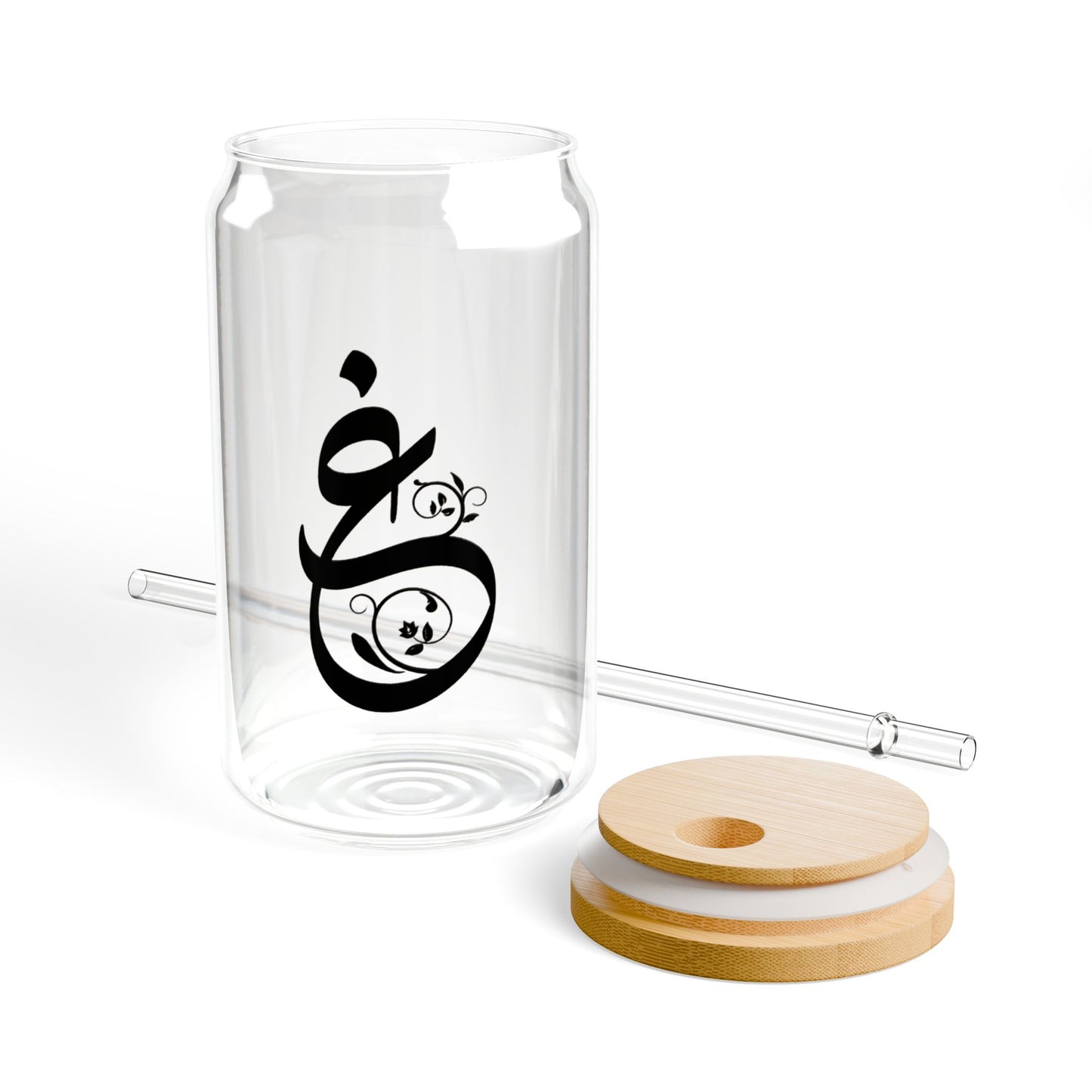 Arabic Letter “ghain” "غ" Monogram Sipper Glass, 16oz | Eco-Friendly Beverage Container | Perfect for Home, picnics, Gifts, and Parties