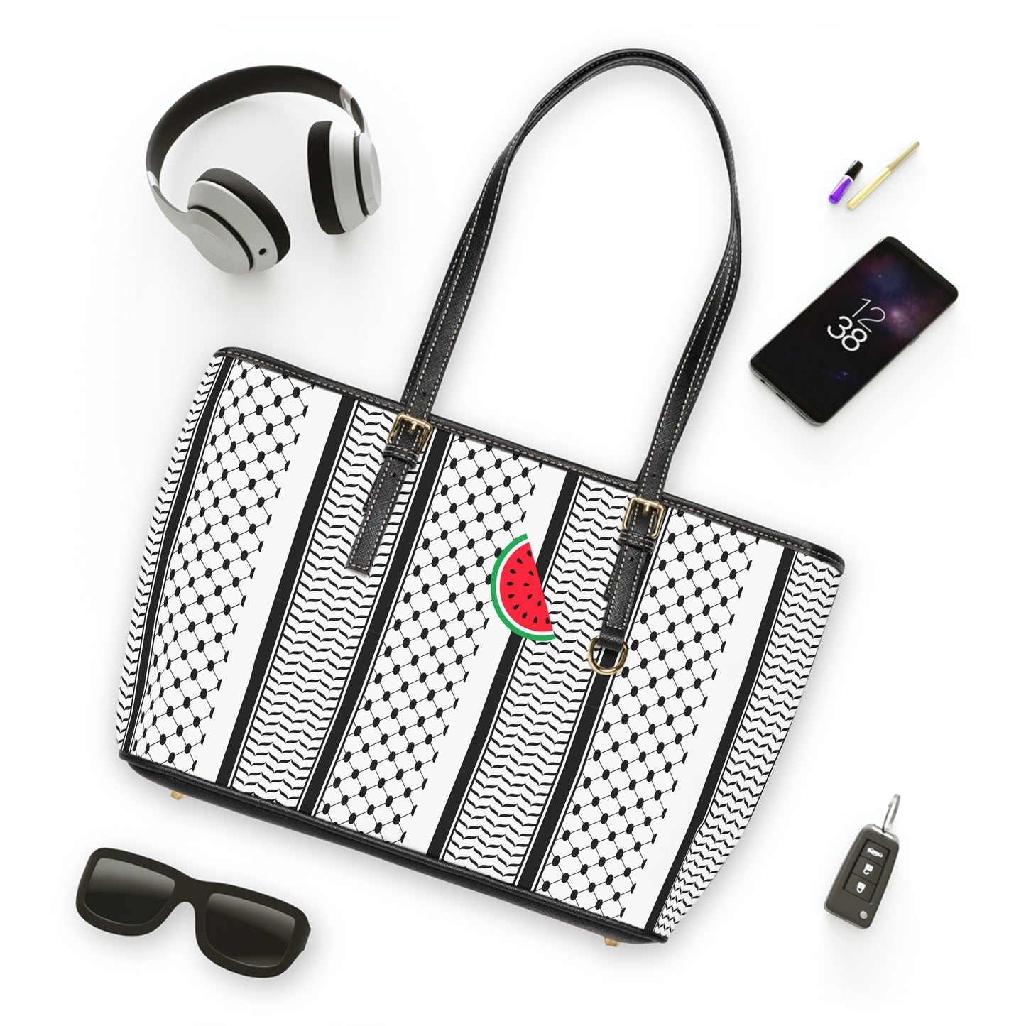Black and White Kufie Pattern Leather Shoulder Bag