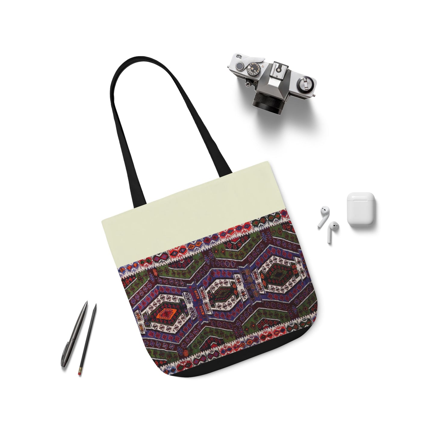 Purple and Res geometric Designs Tote Bag, 2-Color Straps