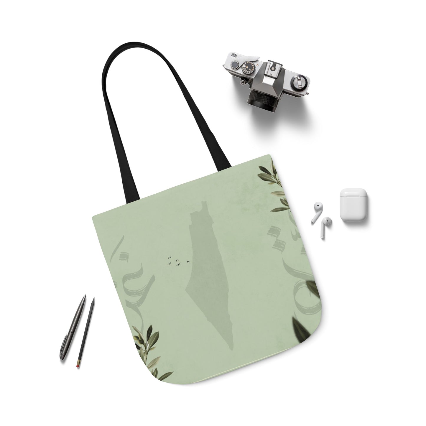 Olive Green Ghaza Letters Tote Bag, 2-Color Straps