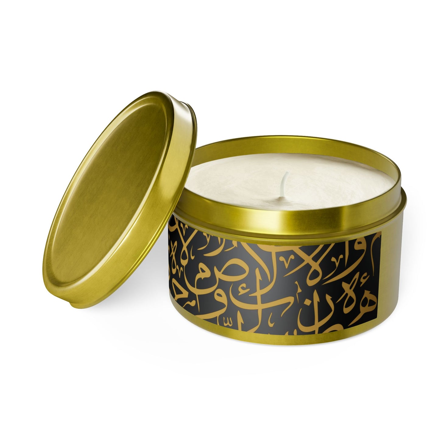 Golden and Black Arabic Letters Script Tin Candles | Elegant Home Fragrance | Decorative Candle Gifts for All Occasions | Relaxing Aromatherapy