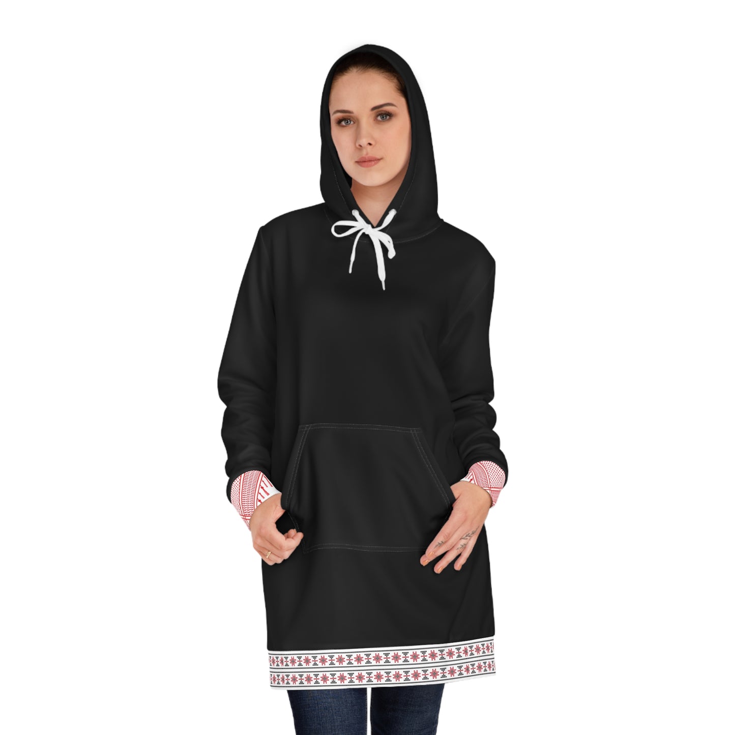 Red and White Hattah Design - Stylish Women's Hoodie Dress