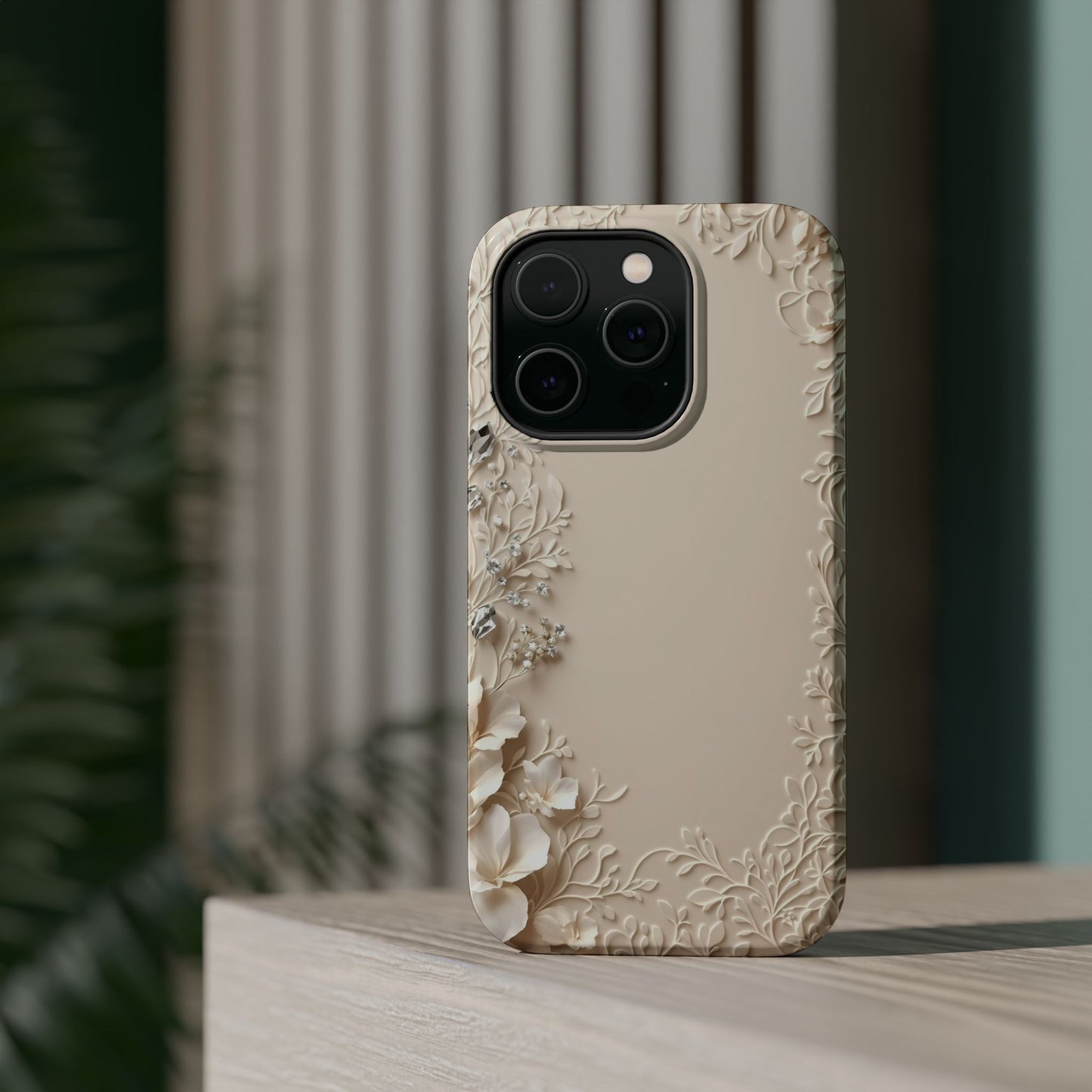 Beige Floral and Diamonds 💎 Design - Iphone Magnetic Tough Case