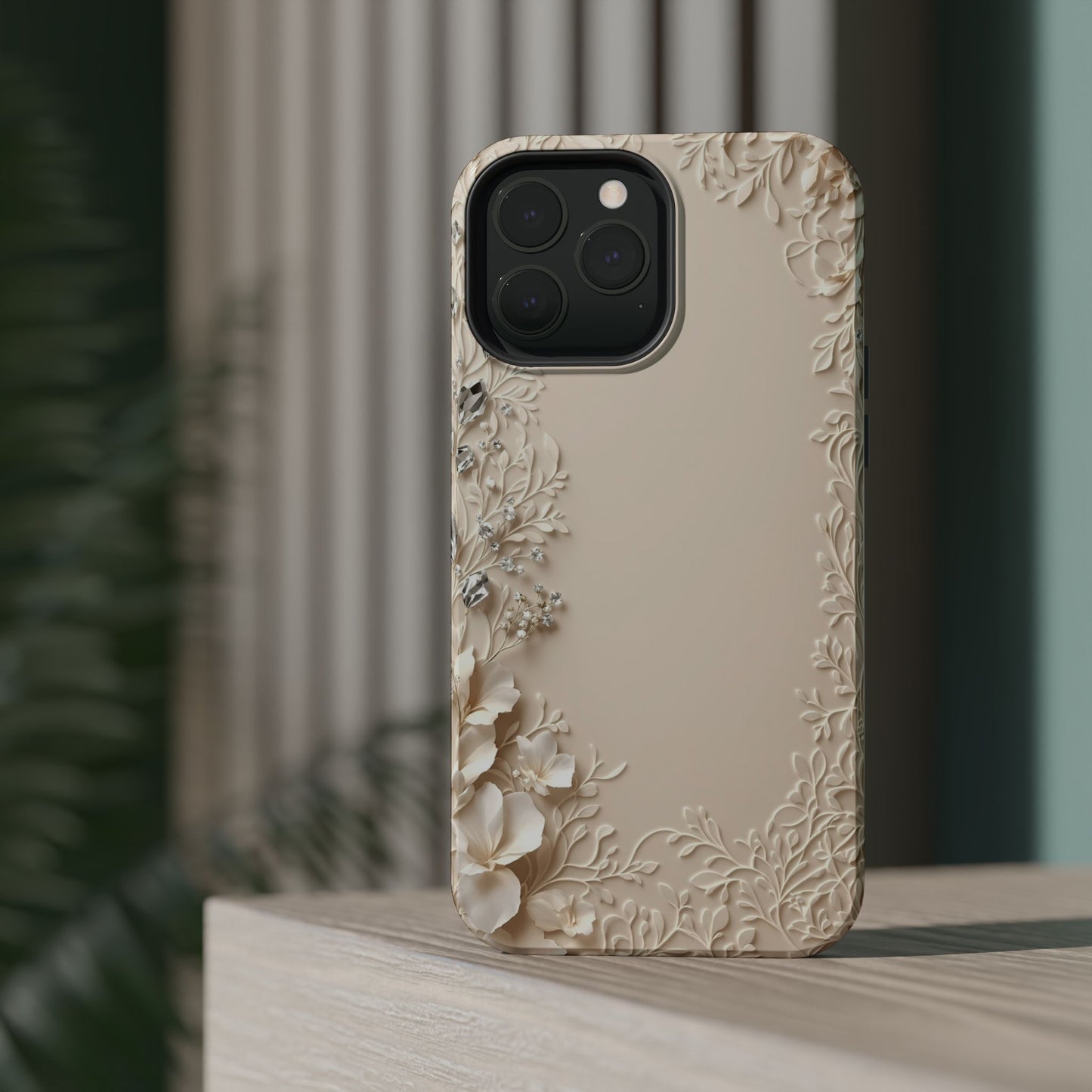 Beige Floral and Diamonds 💎 Design - Iphone Magnetic Tough Case