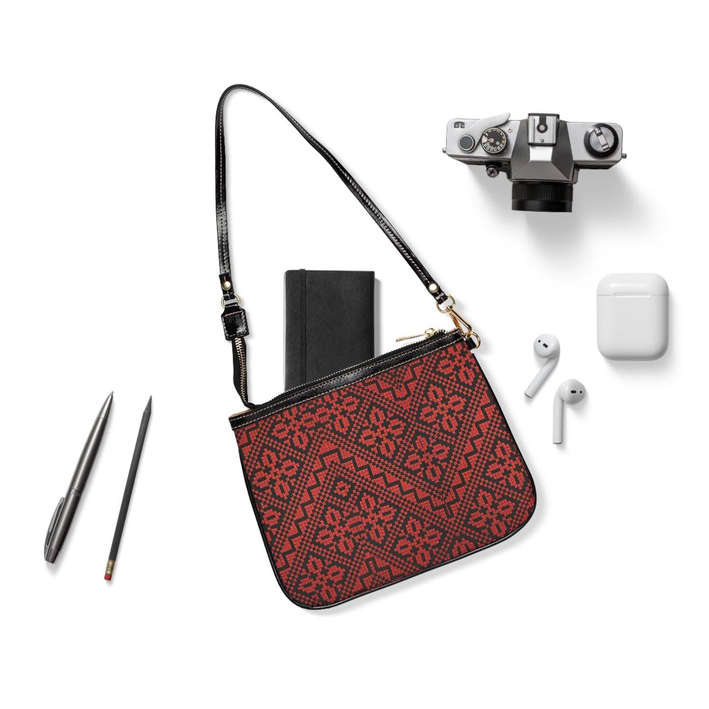 Red and Black Tatreez Shoulder Bag — Small Leather Crossbody Purse