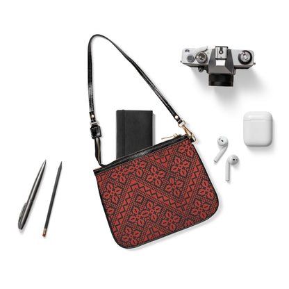 Red and Black Tatreez Shoulder Bag — Small Leather Crossbody Purse