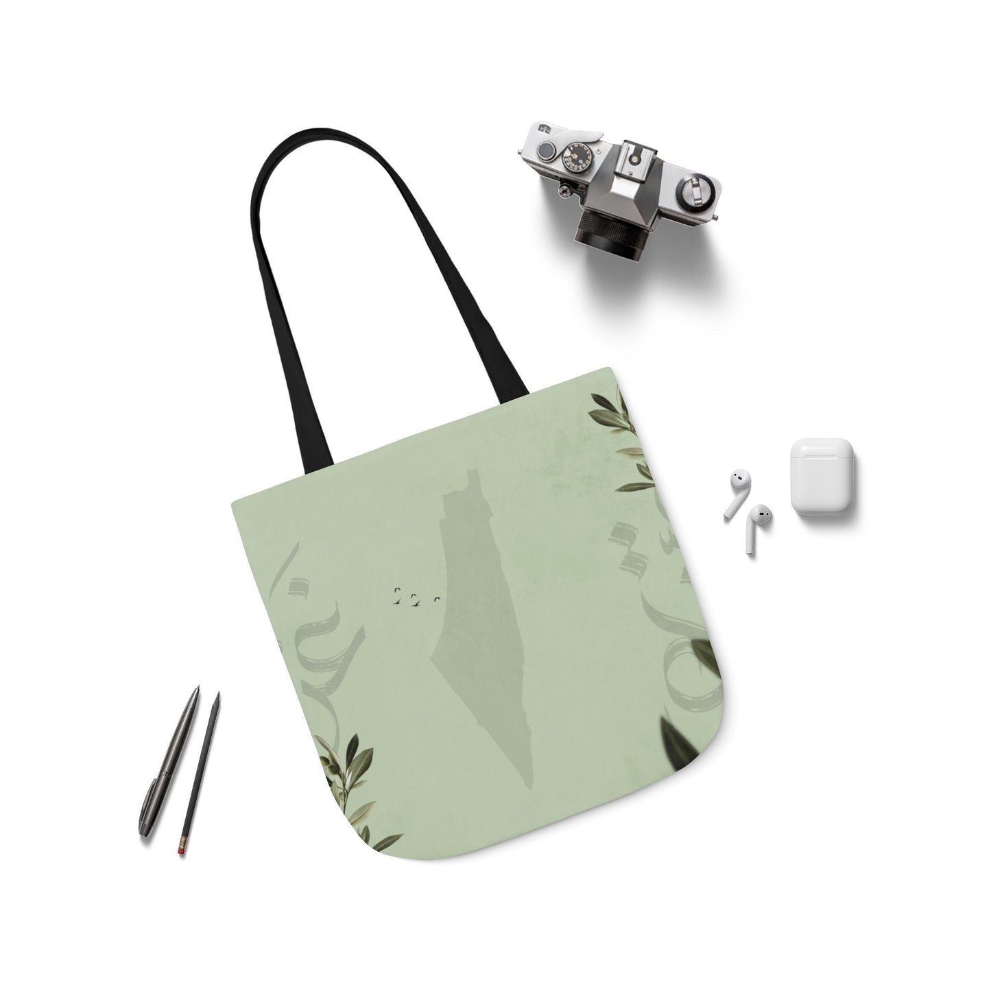 Olive Green Ghaza Letters  Tote Bag, 2-Color Straps