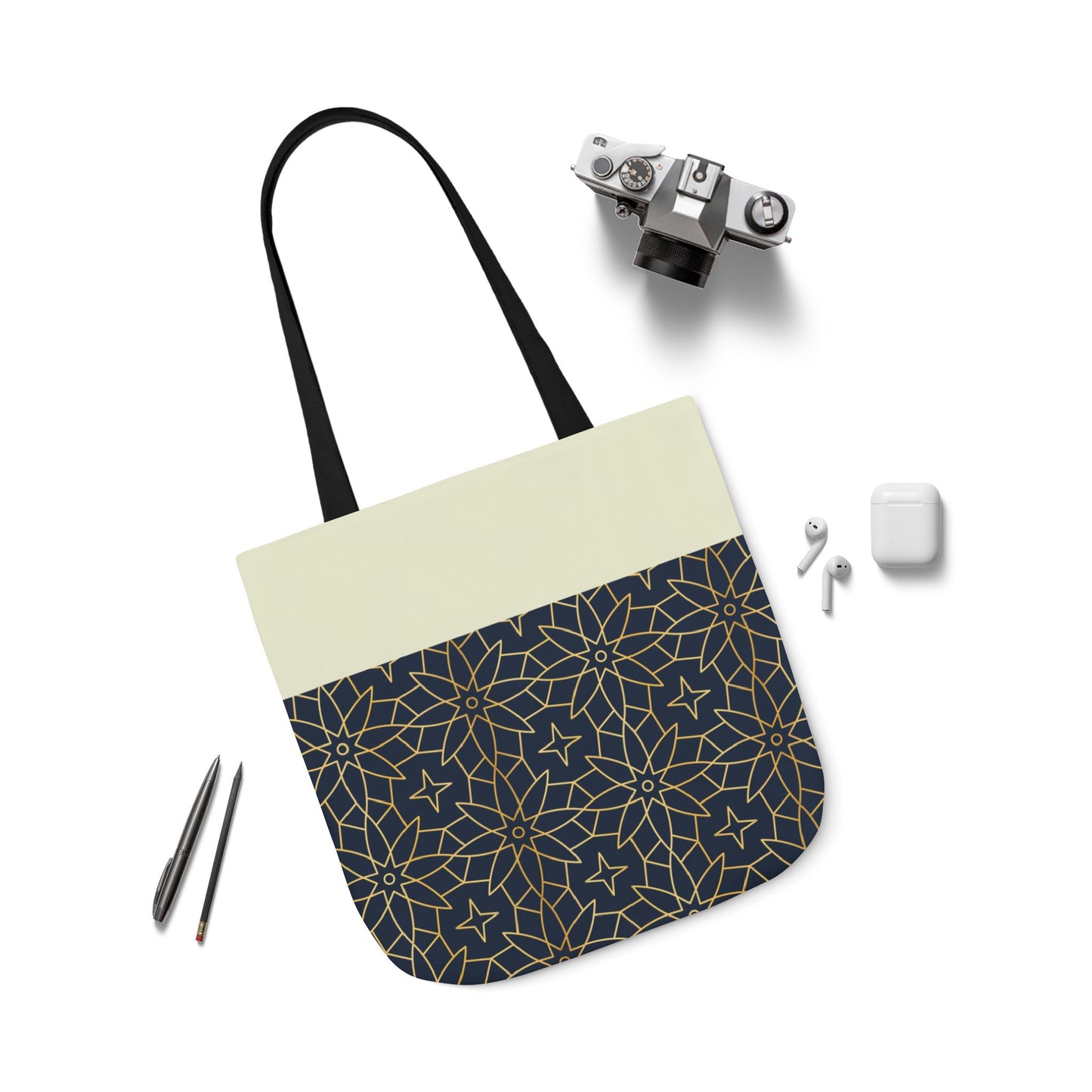 Navy and Gold Star ⭐️ Geometric  Tote Bag, 2-Color Strap