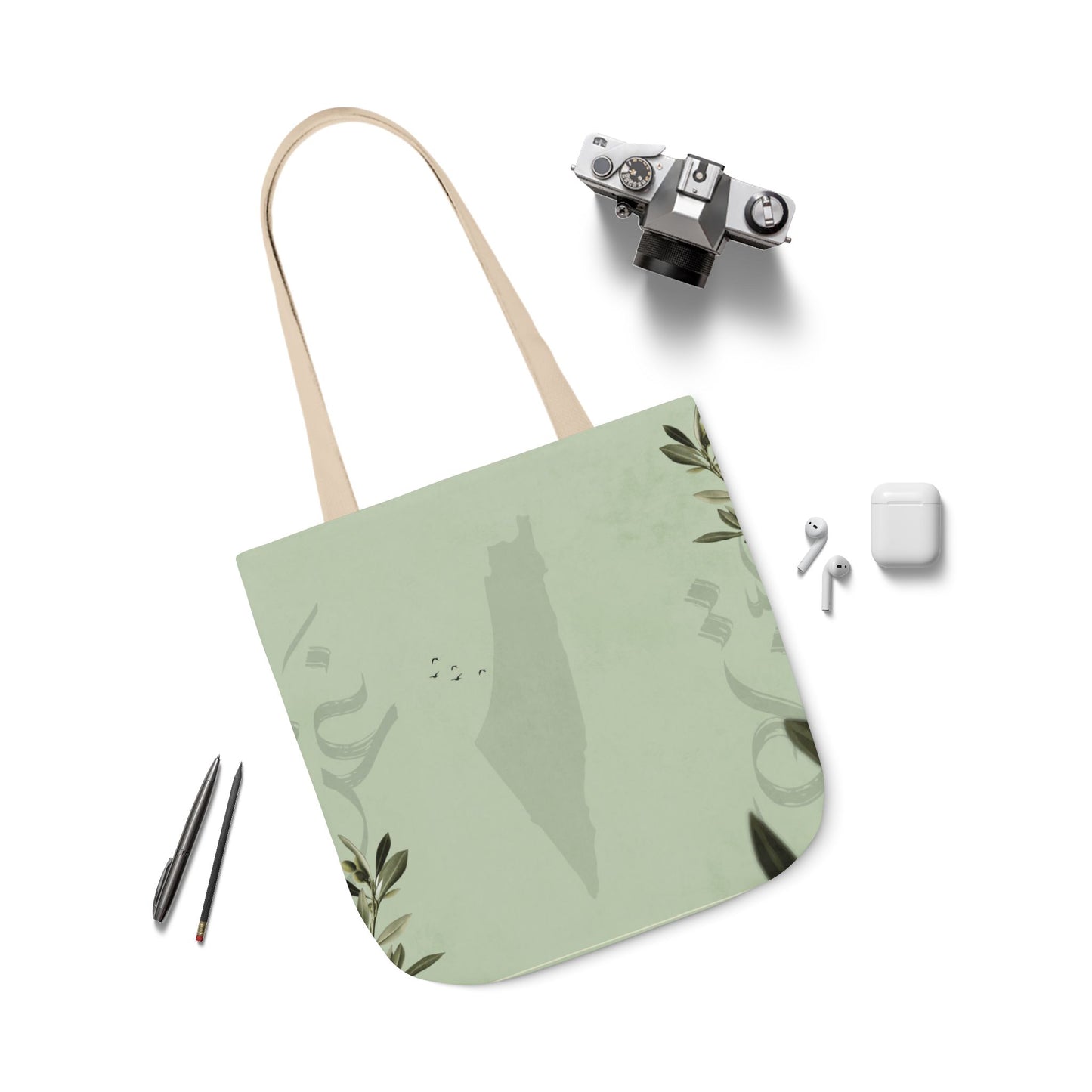 Olive Green Ghaza Letters  Tote Bag, 2-Color Straps
