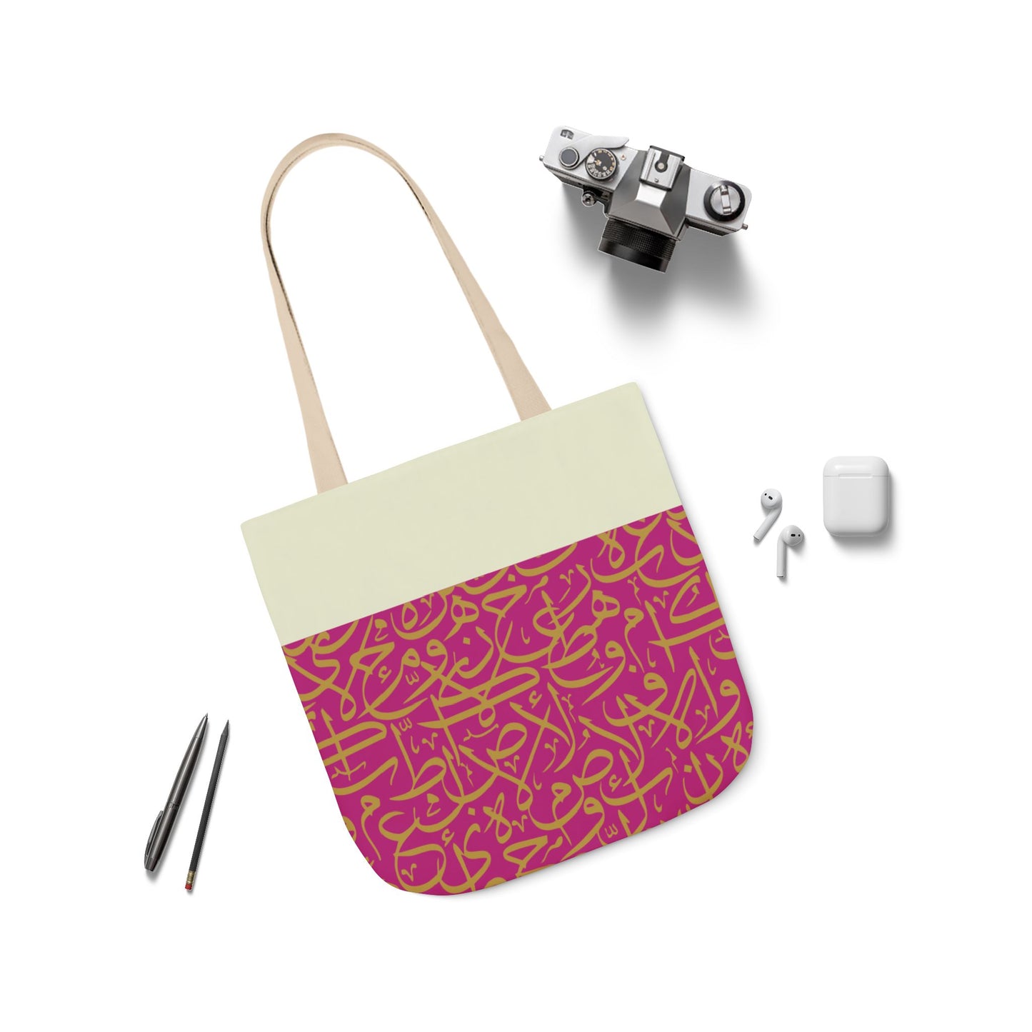 Pink and Gold Arabic Letters  Tote Bag, 2-Color Straps