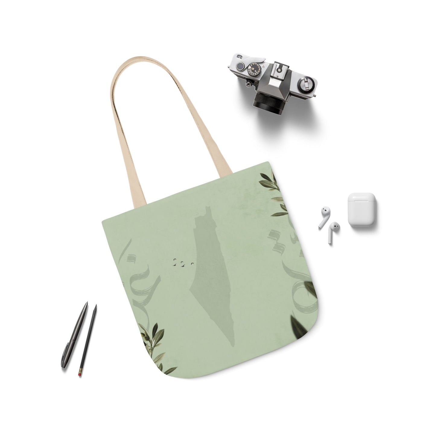 Olive Green Ghaza Letters  Tote Bag, 2-Color Straps