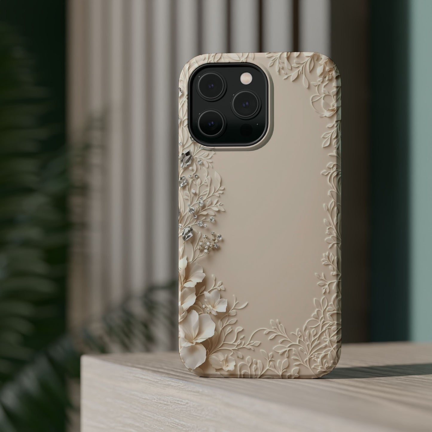 Beige Floral and Diamonds 💎 Design - Iphone Magnetic Tough Case