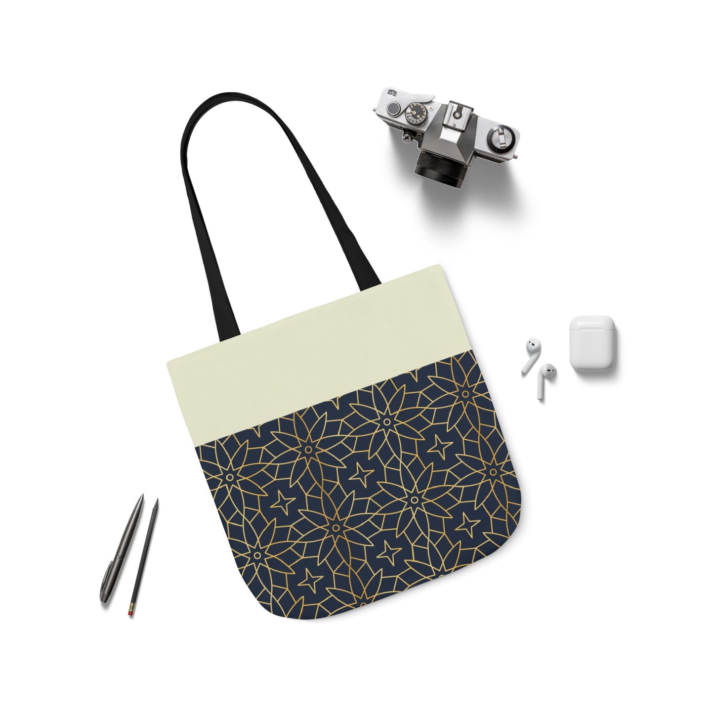 Navy and Gold Star ⭐️ Geometric  Tote Bag, 2-Color Strap