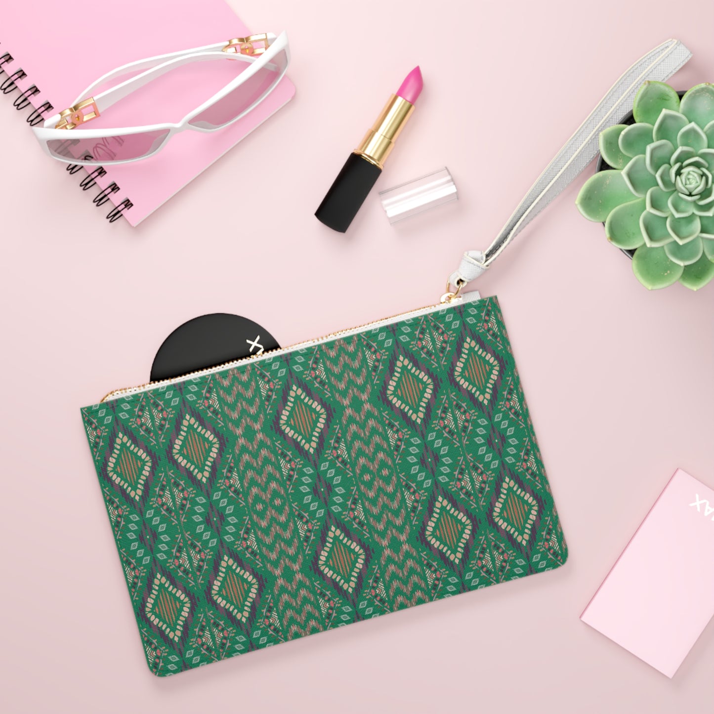 Large * Emerald Green Geometric Themed Clutch Bag, Stylish Purse