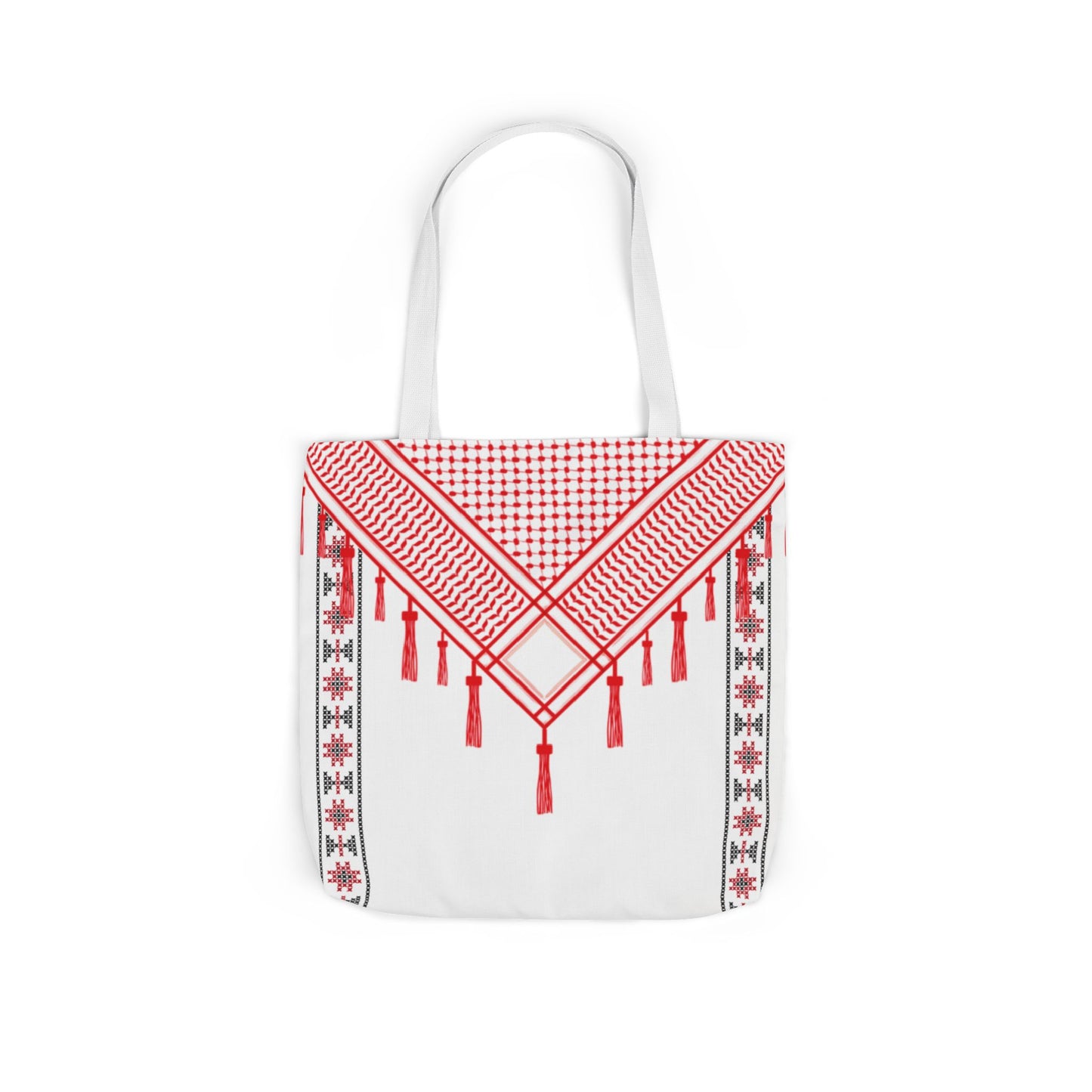 Red and White Shmagh with Tatreez Design Tote Bag