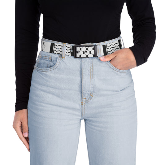 Black and White Kufieh Stylish Graphic Belt with Arabic Calligraphy Design