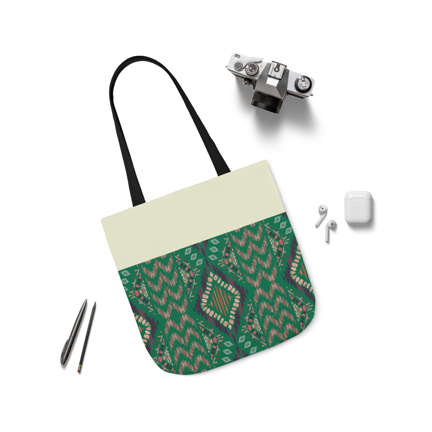 Green Emerald geometric Designs  Tote Bag, 3-Color Straps