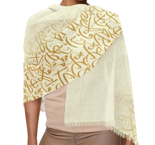 White and Gold Arabic Calligraphy Elegant Light Scarf - Perfect for All Seasons