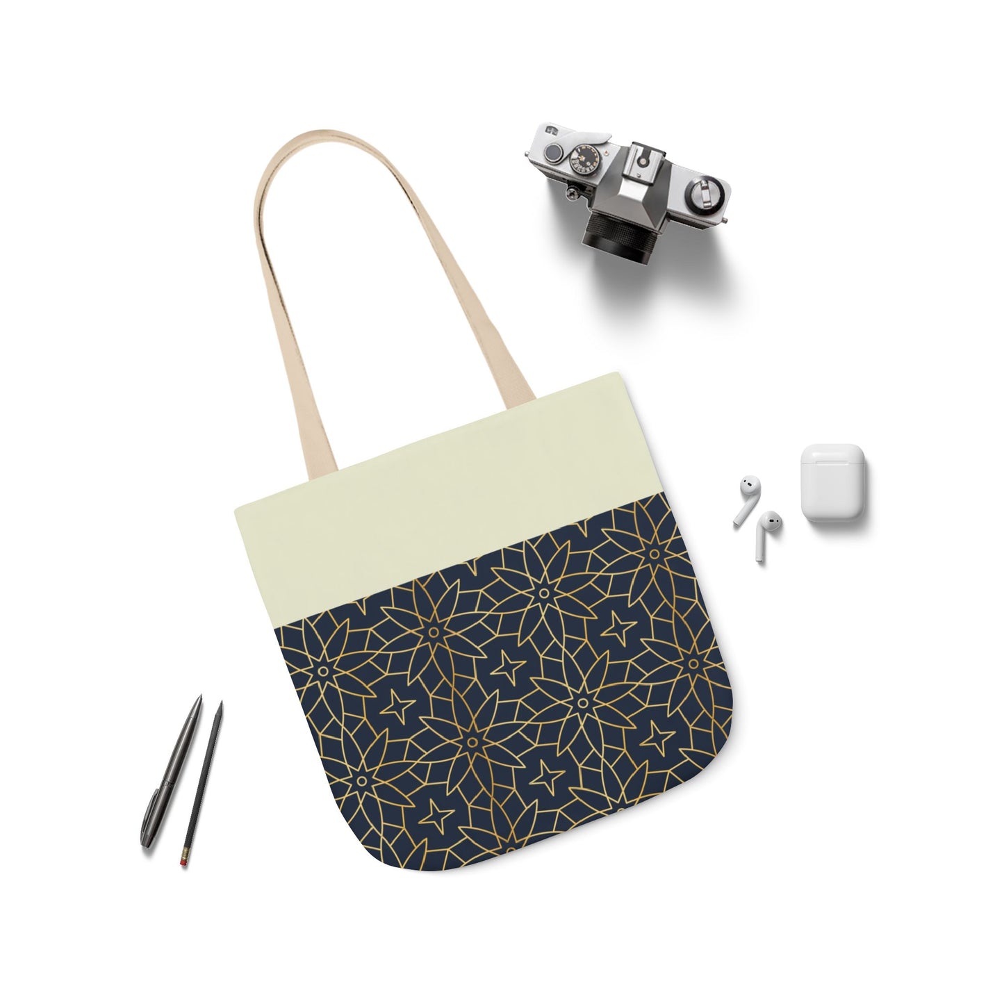 Navy and Gold Star ⭐️ Geometric  Tote Bag, 2-Color Strap