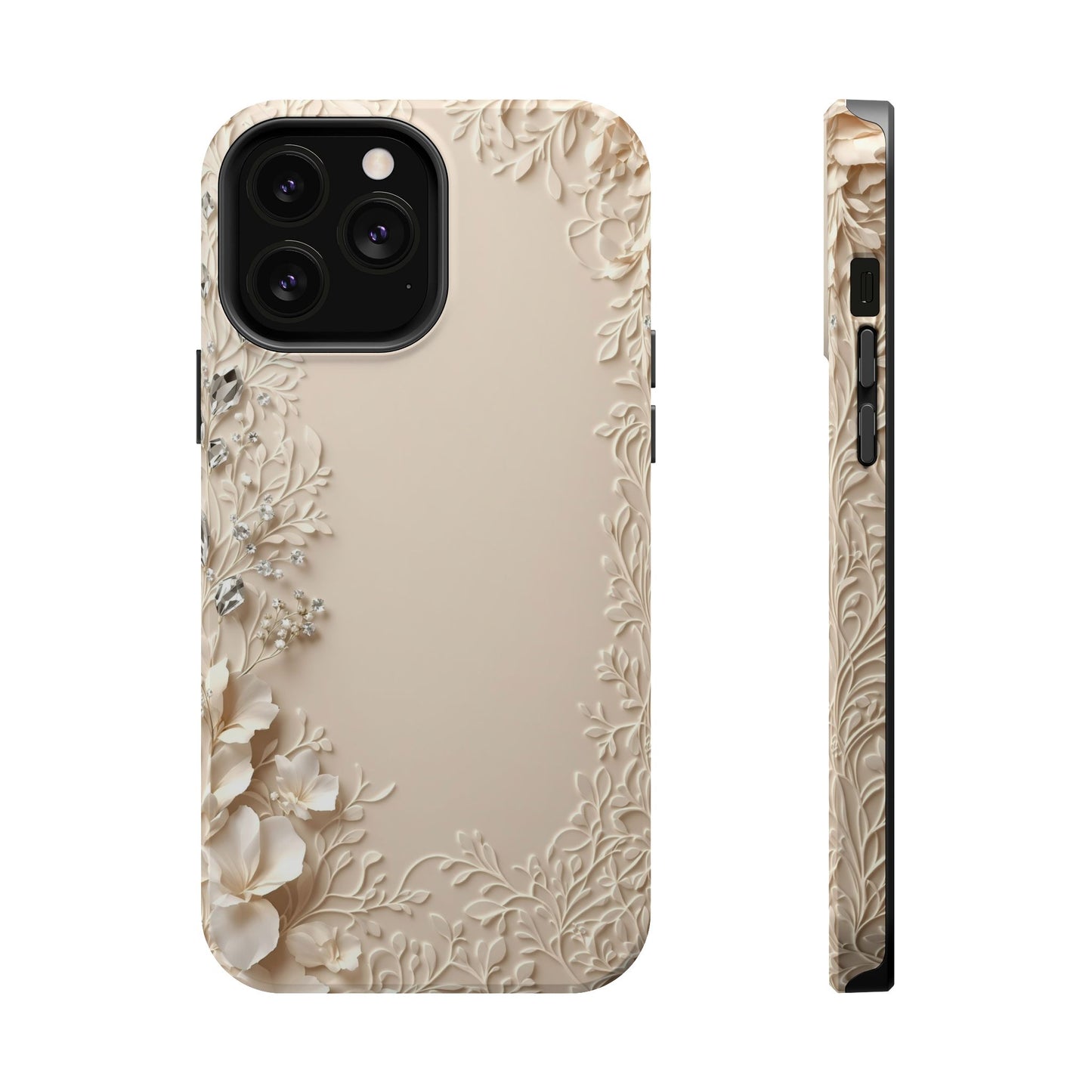 Beige Floral and Diamonds 💎 Design - Iphone Magnetic Tough Case