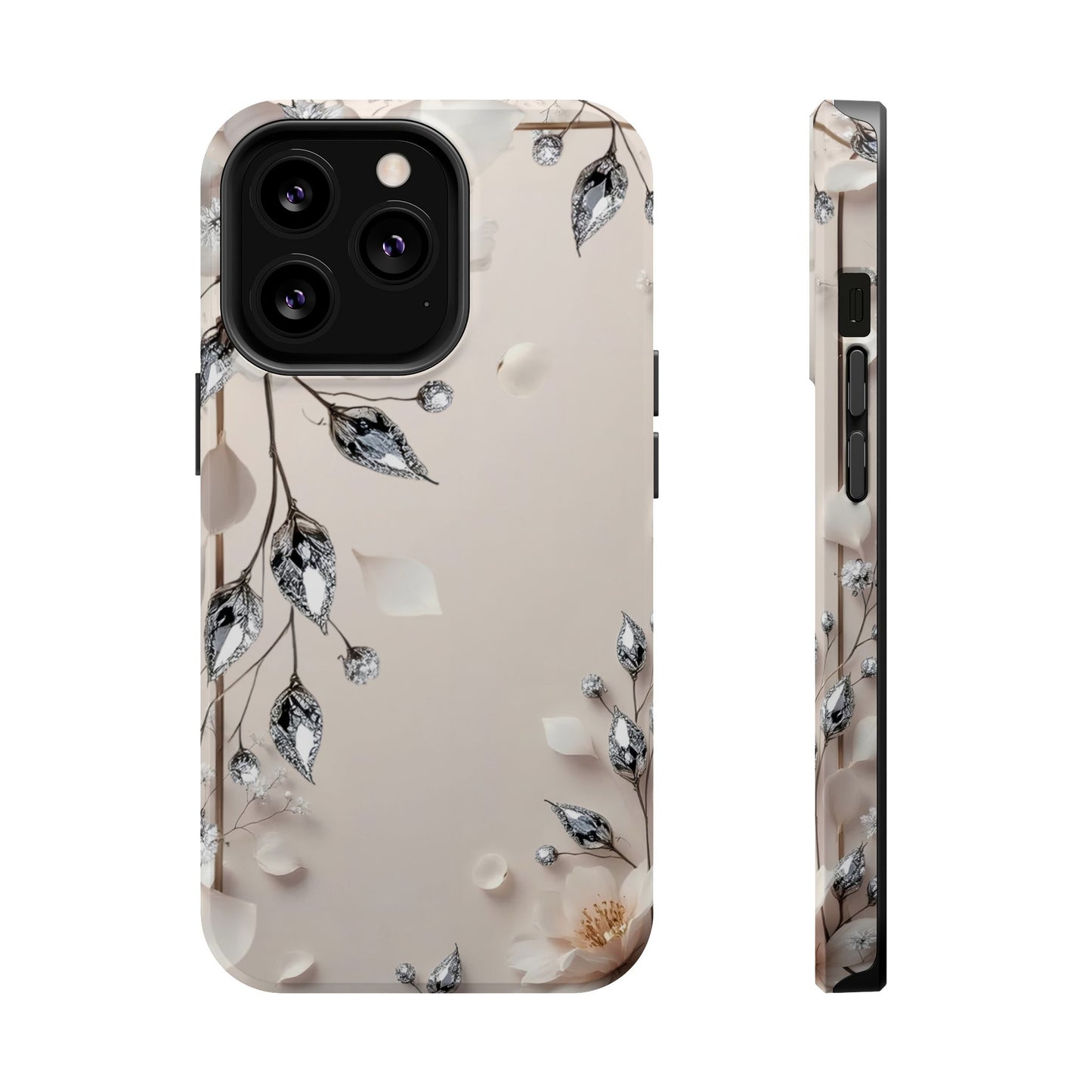 White Flowers and Diamonds 💎 Design - Iphone Magnetic Tough Case