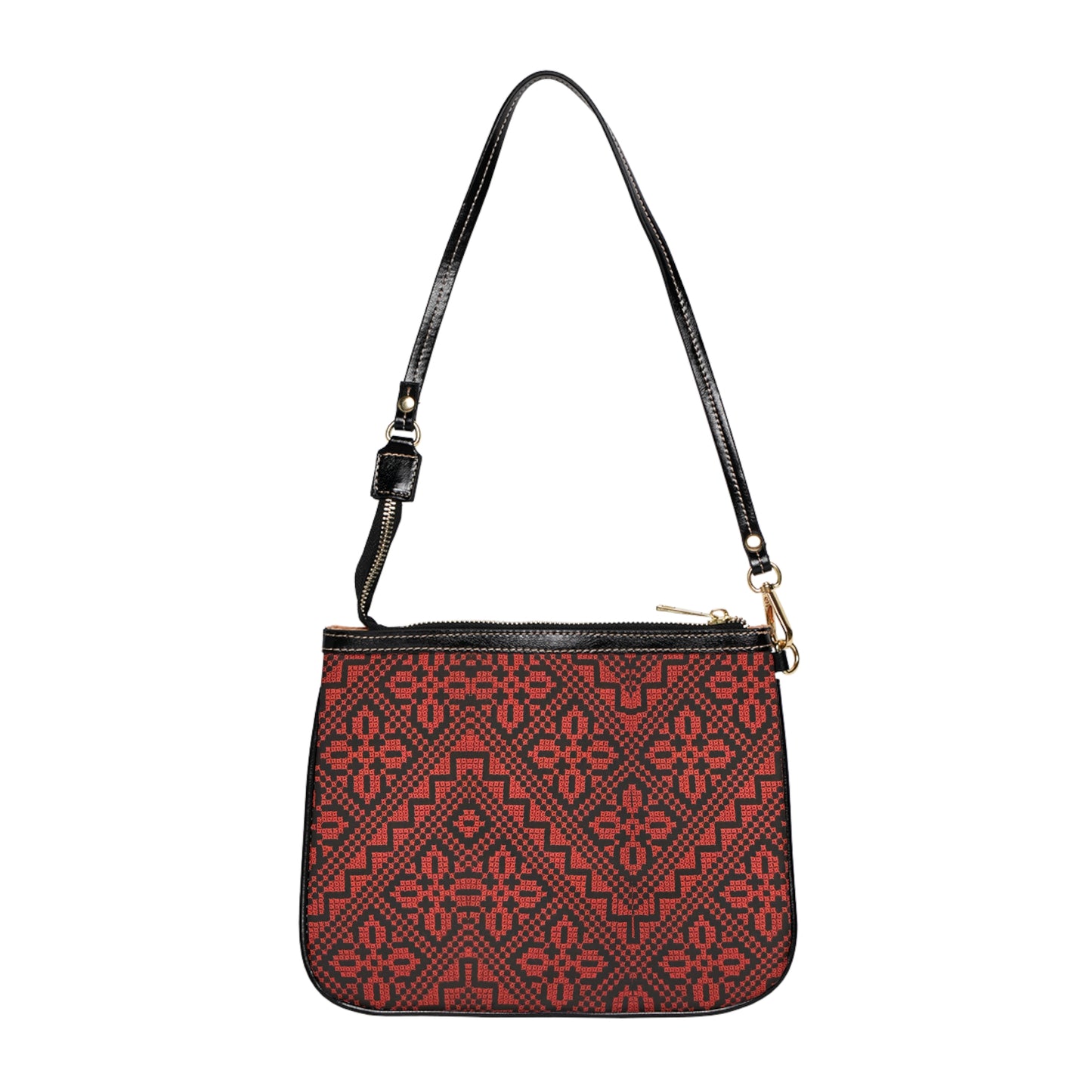 Red and Black Tatreez Shoulder Bag — Small Leather Crossbody Purse