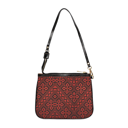 Red and Black Tatreez Shoulder Bag — Small Leather Crossbody Purse