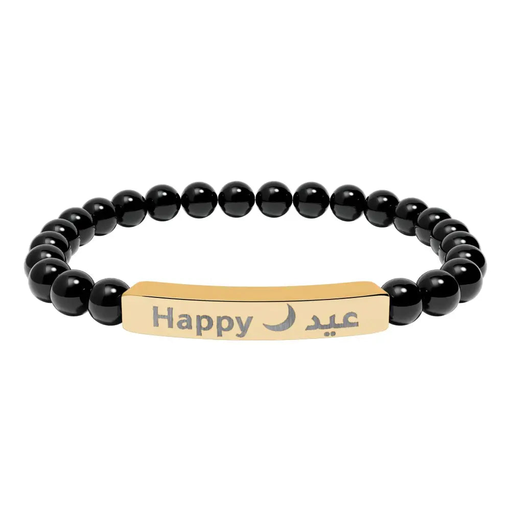 Personalized Engraved Natural Stone Beaded Bracelet (In Arabic or in English) 18K Gold PVD coating / Onyx / One Size
