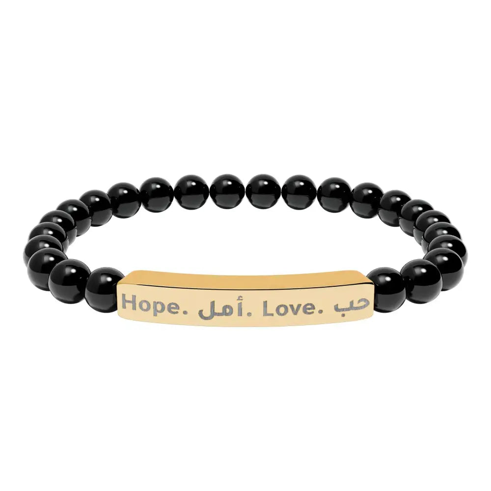 Personalized Engraved Natural Stone Beaded Bracelet (In Arabic or in English) 18K Gold PVD coating / Onyx / One Size