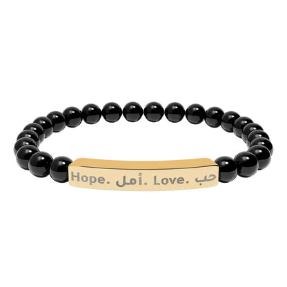 Personalized Engraved Natural Stone Beaded Bracelet (In Arabic or in English) 18K Gold PVD coating / Onyx / One Size