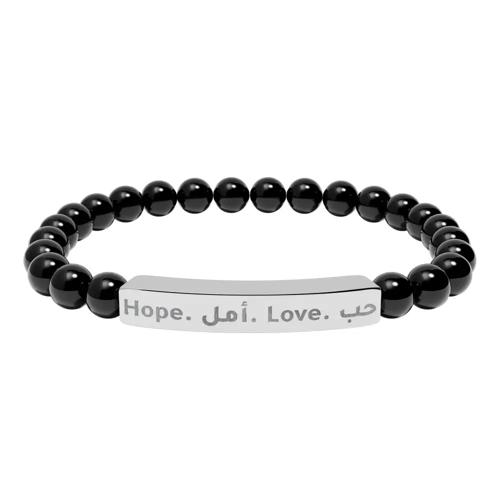 Personalized Engraved Natural Stone Beaded Bracelet (In Arabic or in English) Stainless Steel (No coating) / Onyx / One