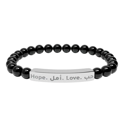 Personalized Engraved Natural Stone Beaded Bracelet (In Arabic or in English) Stainless Steel (No coating) / Onyx / One